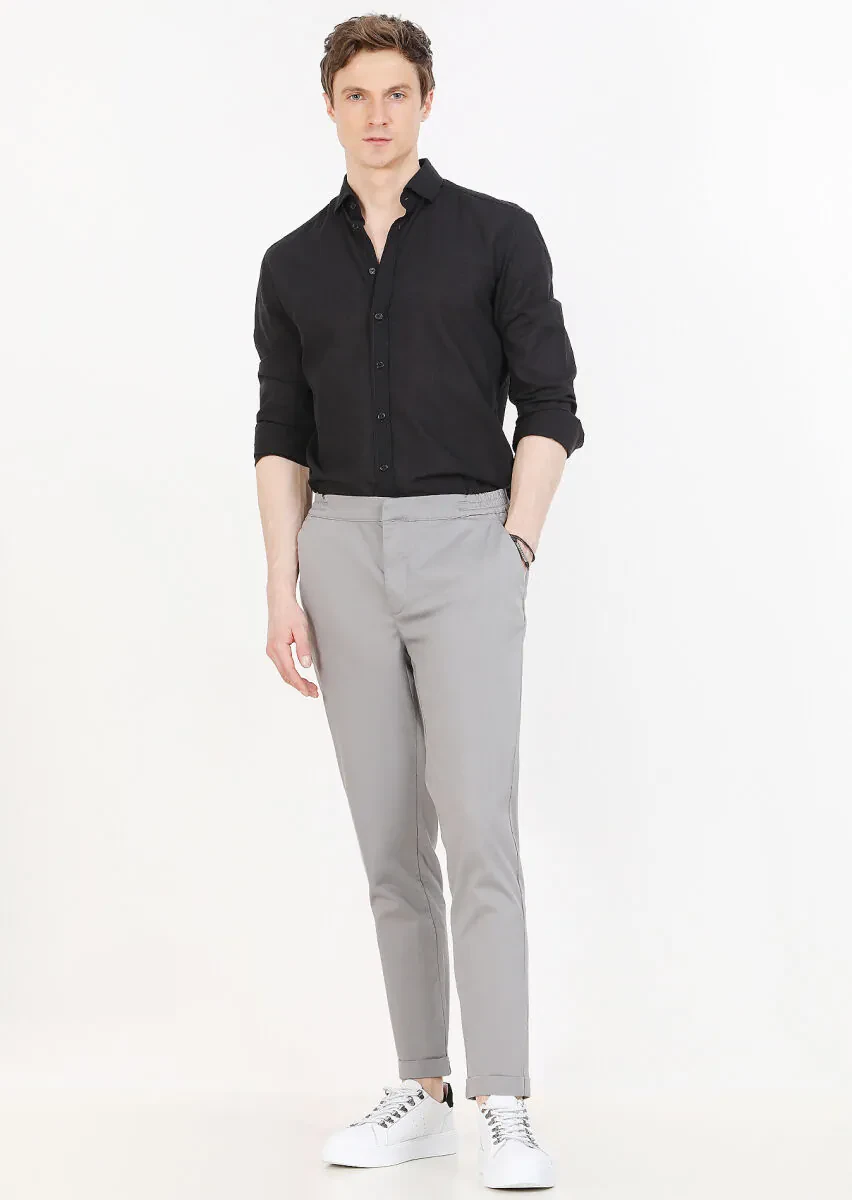 Gri Düz Dokuma Jogging Fit Casual Pamuk Karışımlı Pantolon - 1