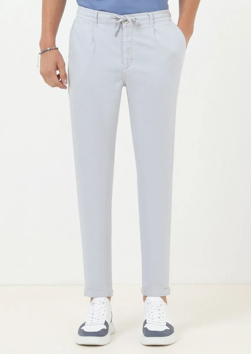 Gri Düz Dokuma Jogging Fit Casual Pamuk Karışımlı Pantolon - 1