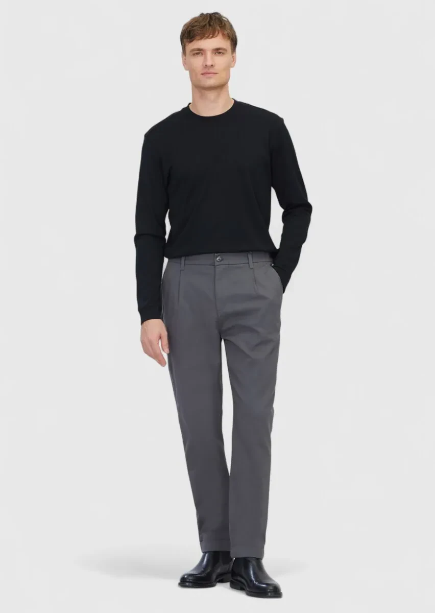 Gri Düz Dokuma Jogging Fit Casual Pamuk Karışımlı Pantolon - 1