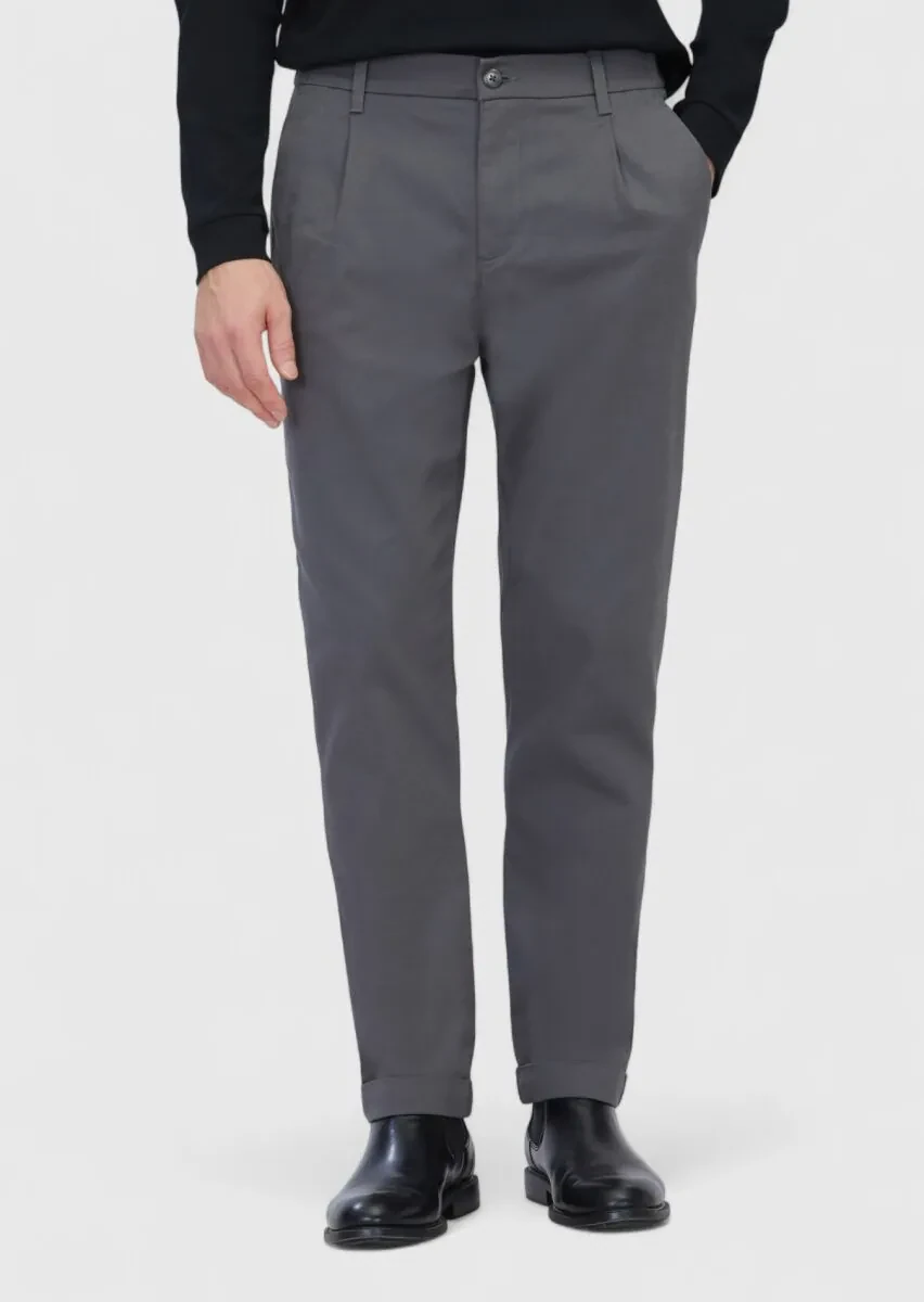 Gri Düz Dokuma Jogging Fit Casual Pamuk Karışımlı Pantolon - 2