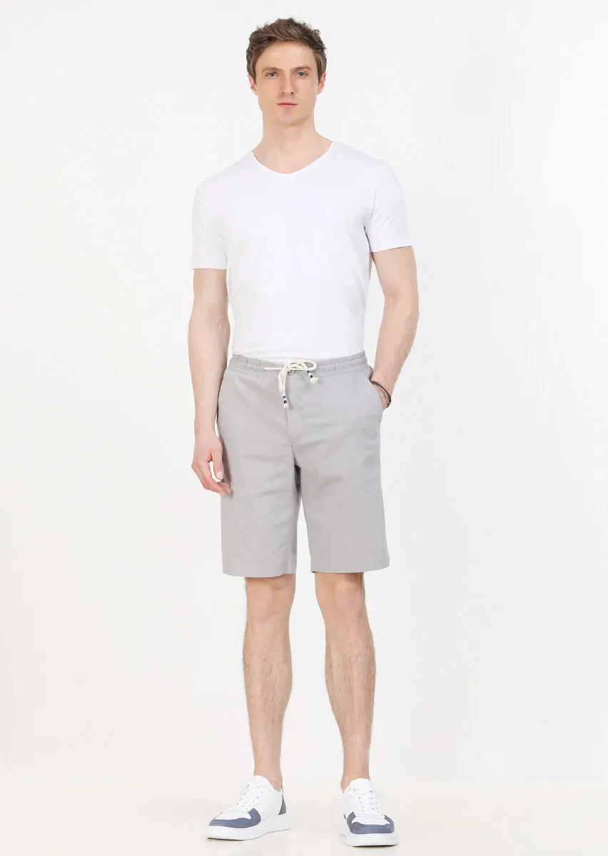Gri Düz Dokuma Regular Fit Casual Pamuk Karışımlı Bermuda - 1