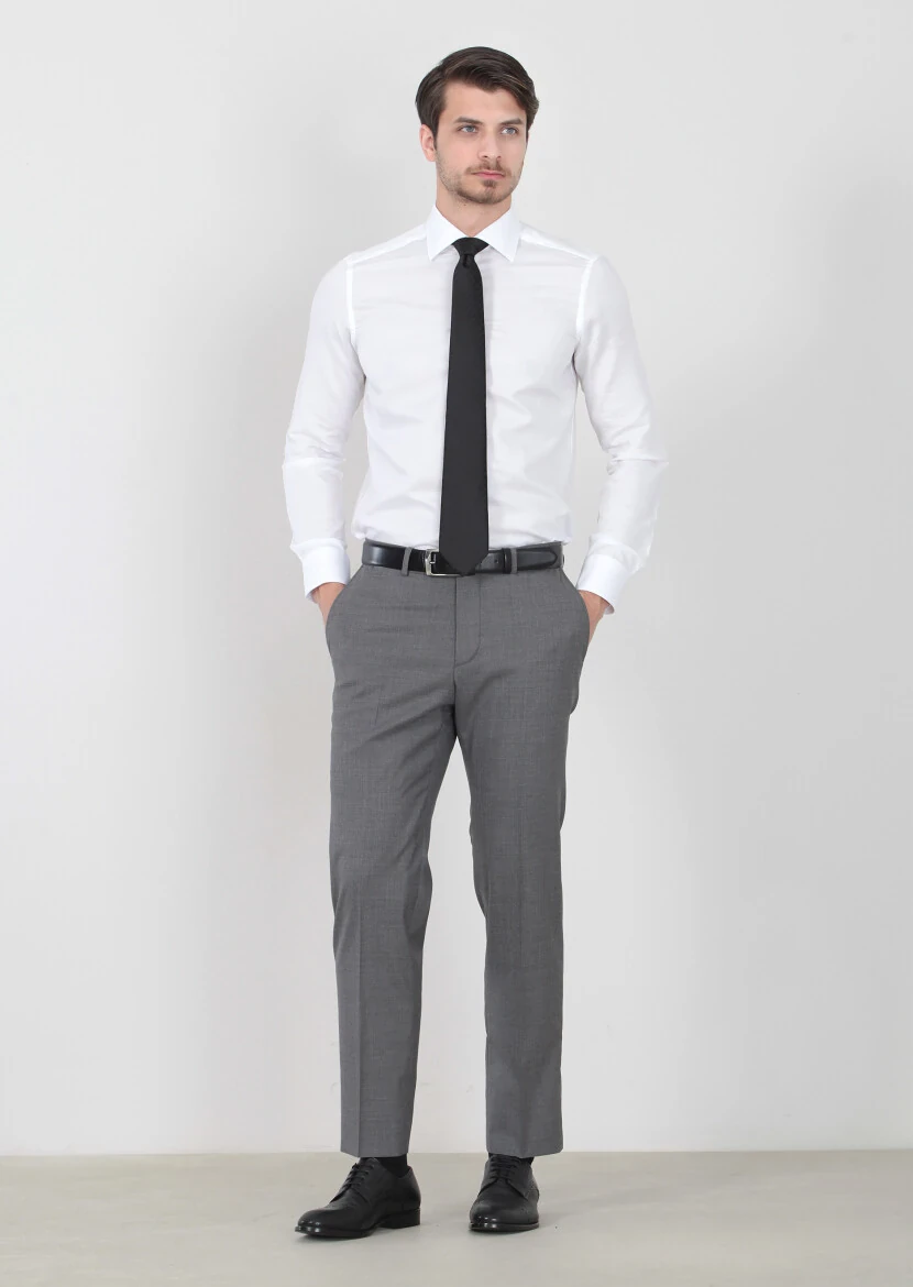 Gri Düz Dokuma Regular Fit Klasik %100 Yün Pantolon 