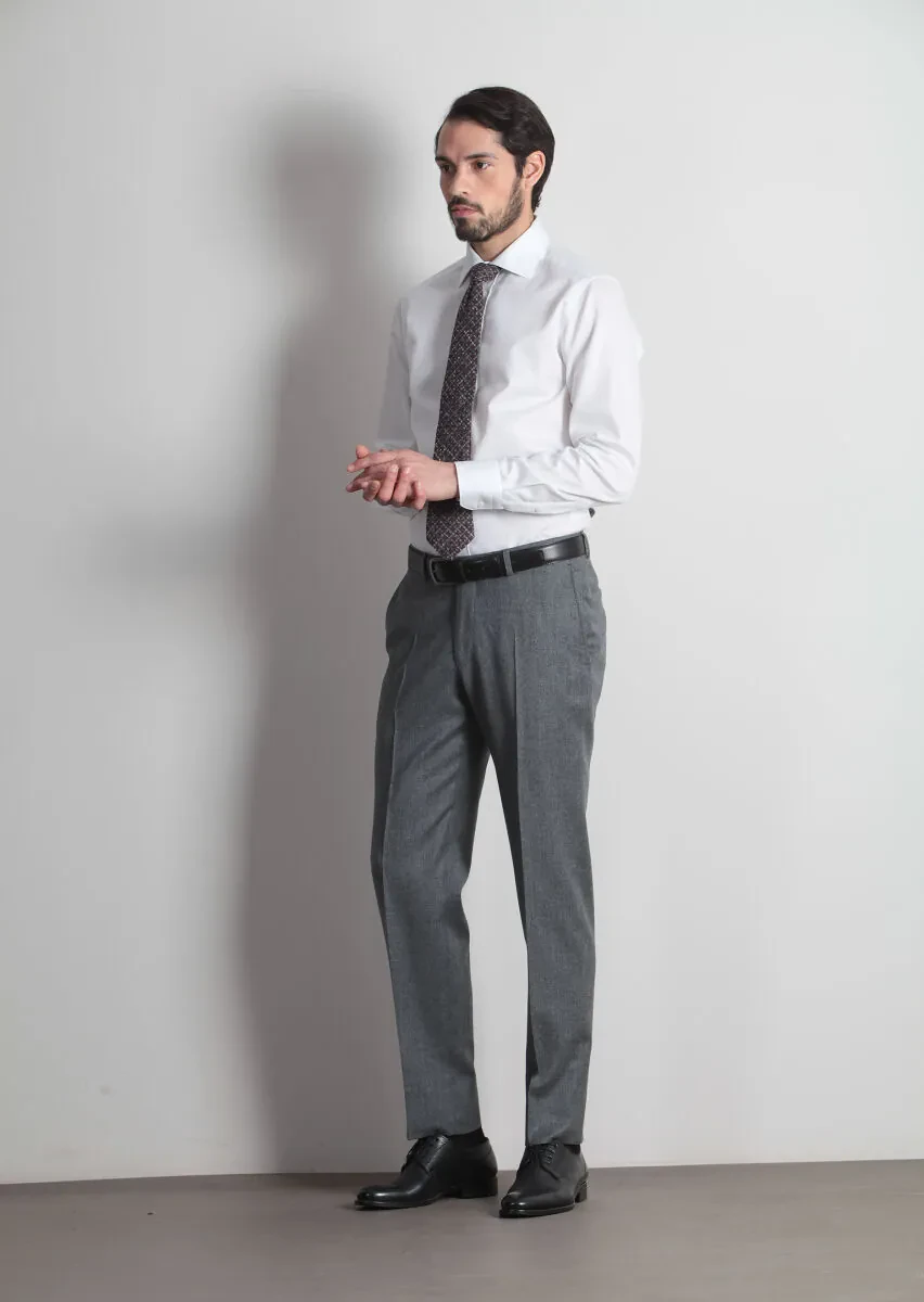 Gri Düz Dokuma Regular Fit Klasik %100 Yün Pantolon - 2