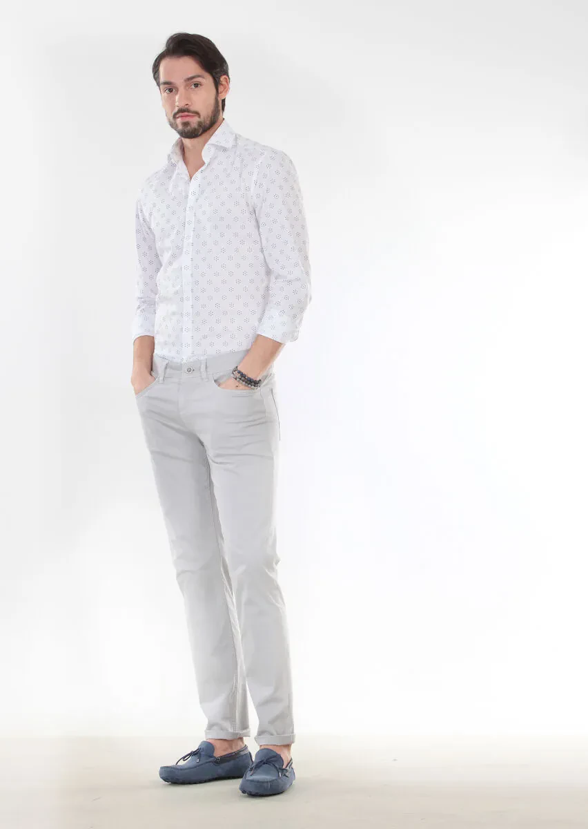 Gri Düz Dokuma Slim Fit Casual Pamuk Karışımlı Pantolon - 1