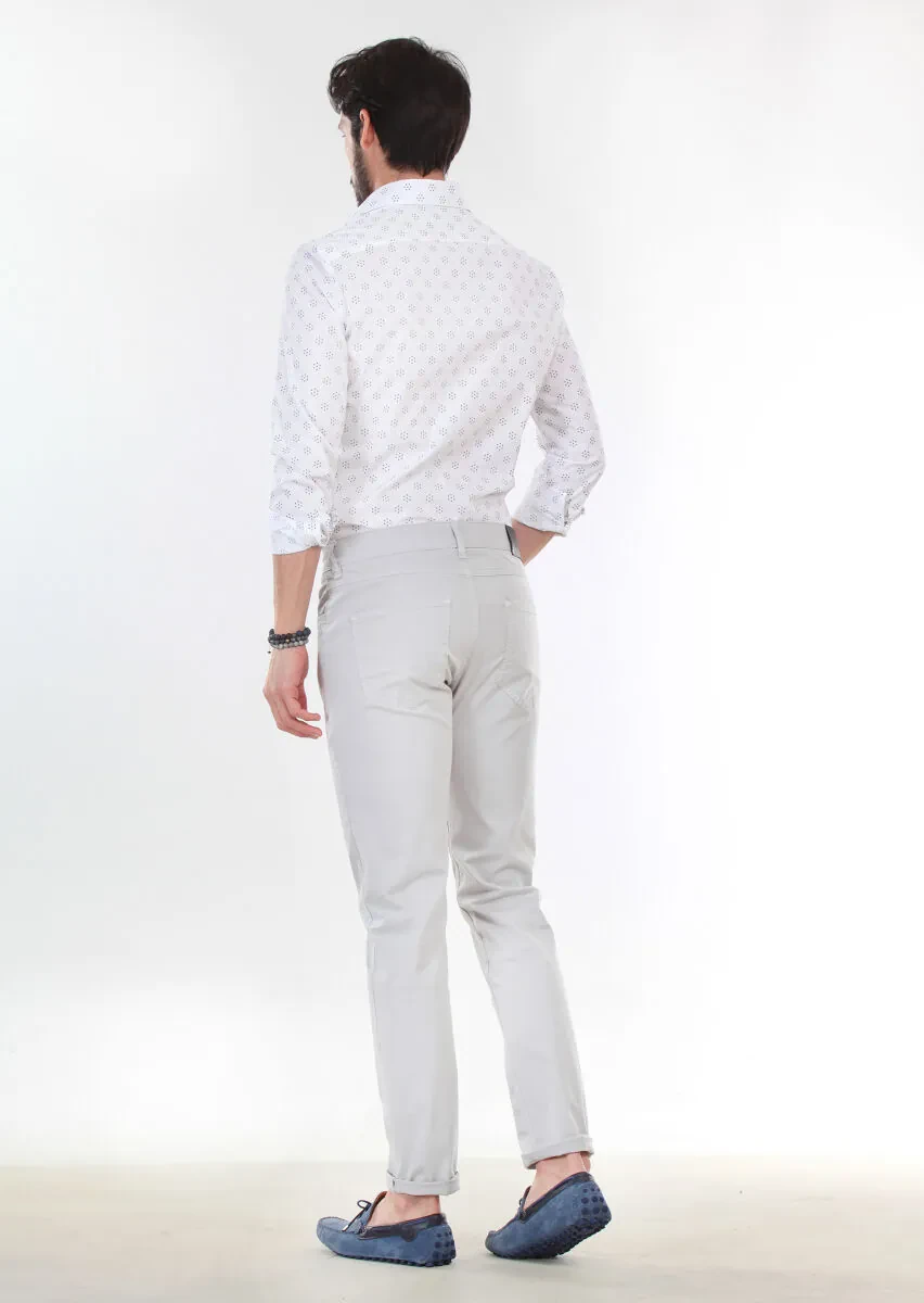 Gri Düz Dokuma Slim Fit Casual Pamuk Karışımlı Pantolon - 2