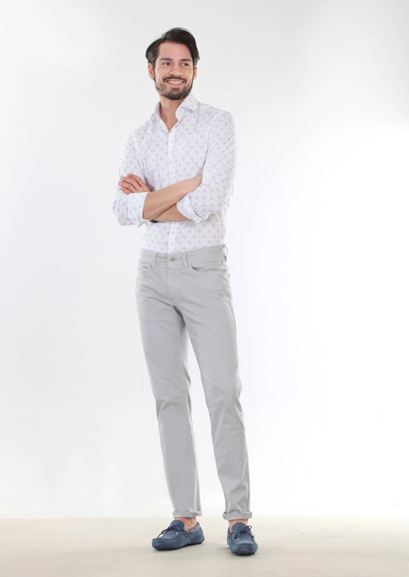 Gri Düz Dokuma Slim Fit Casual Pamuk Karışımlı Pantolon - 3