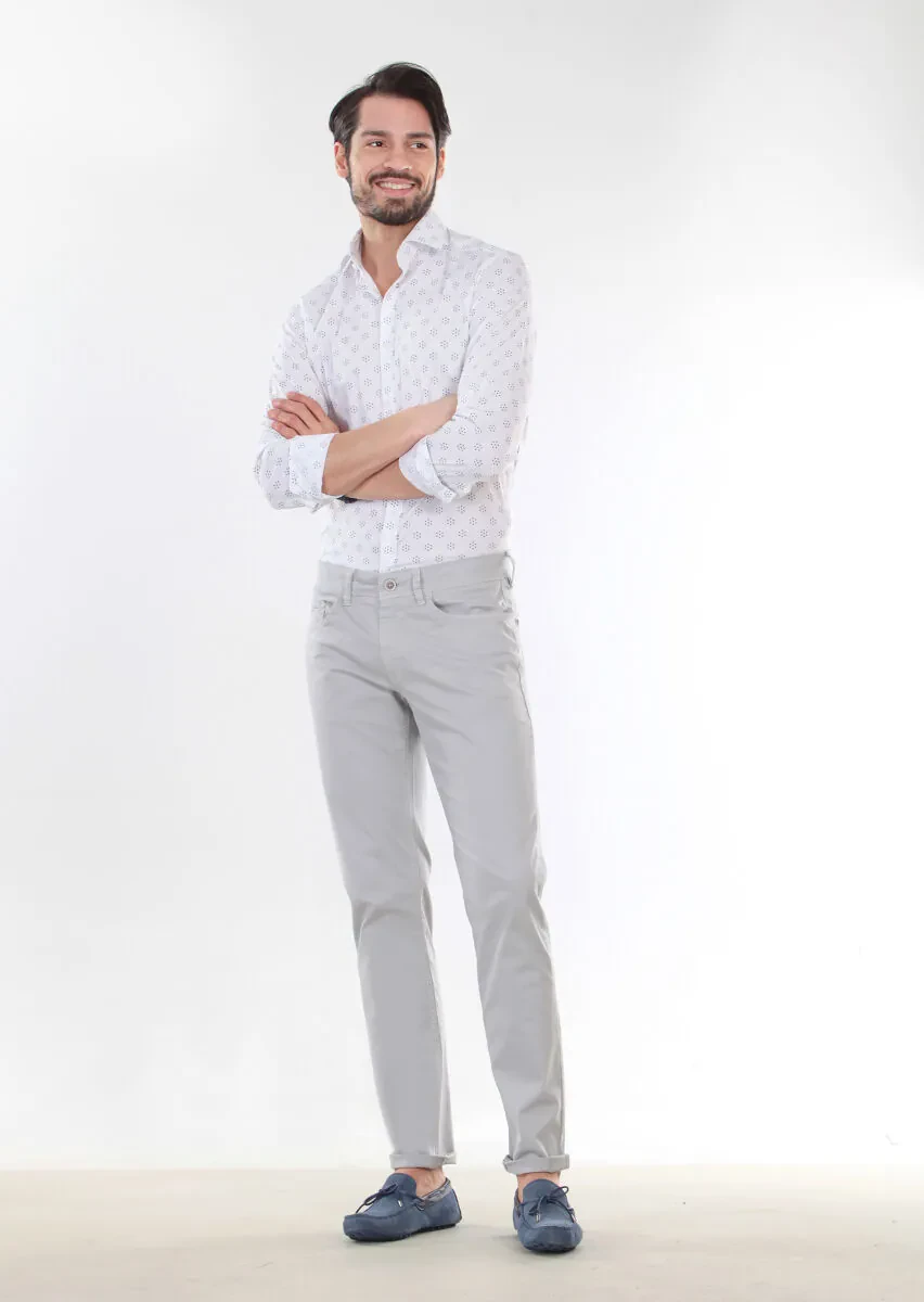 Gri Düz Dokuma Slim Fit Casual Pamuk Karışımlı Pantolon - 3