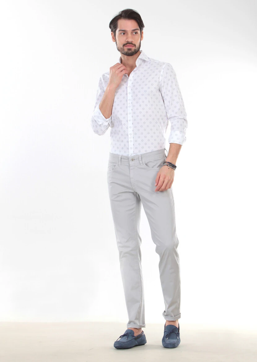 Gri Düz Dokuma Slim Fit Casual Pamuk Karışımlı Pantolon - 4