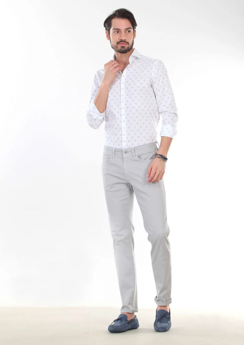 Gri Düz Dokuma Slim Fit Casual Pamuk Karışımlı Pantolon - 4