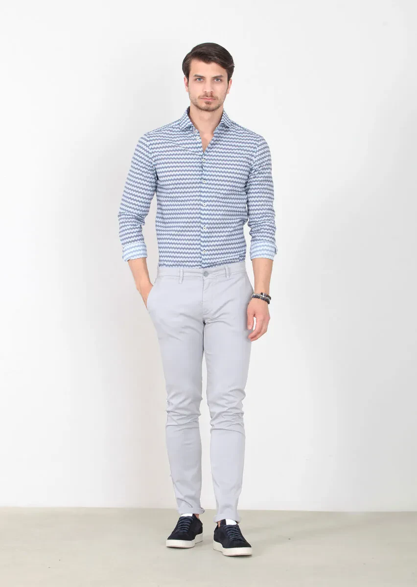 Gri Düz Dokuma Slim Fit Casual Pamuk Karışımlı Pantolon - 1