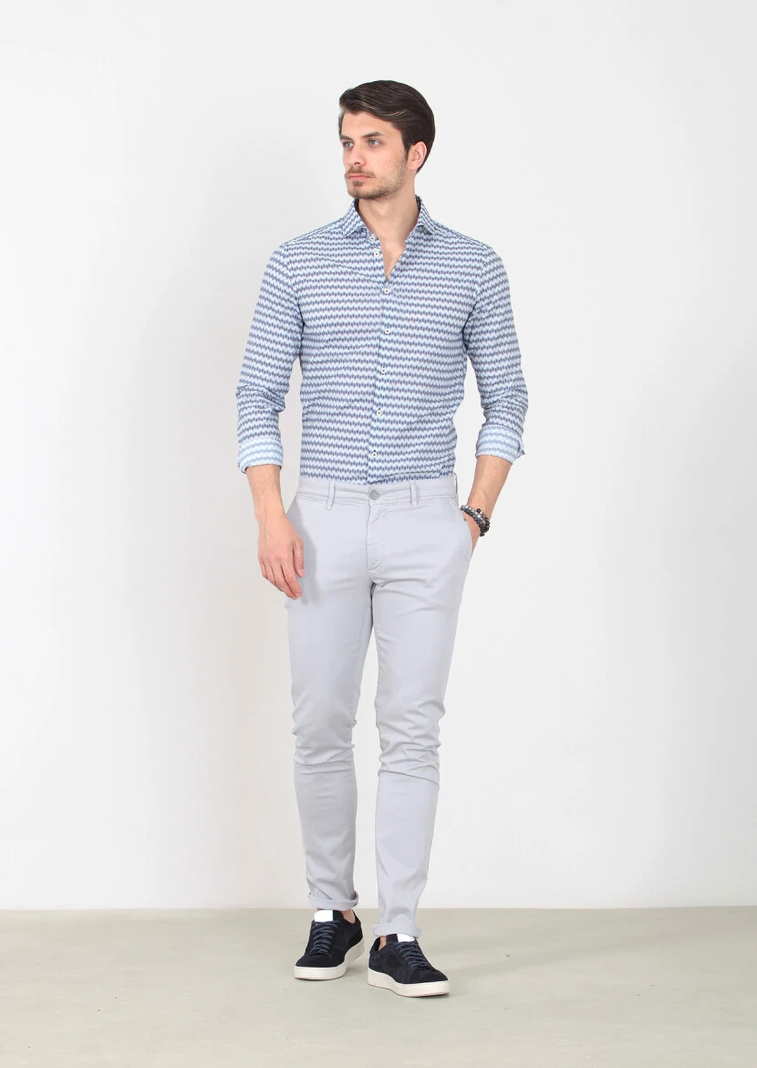 Gri Düz Dokuma Slim Fit Casual Pamuk Karışımlı Pantolon - 2