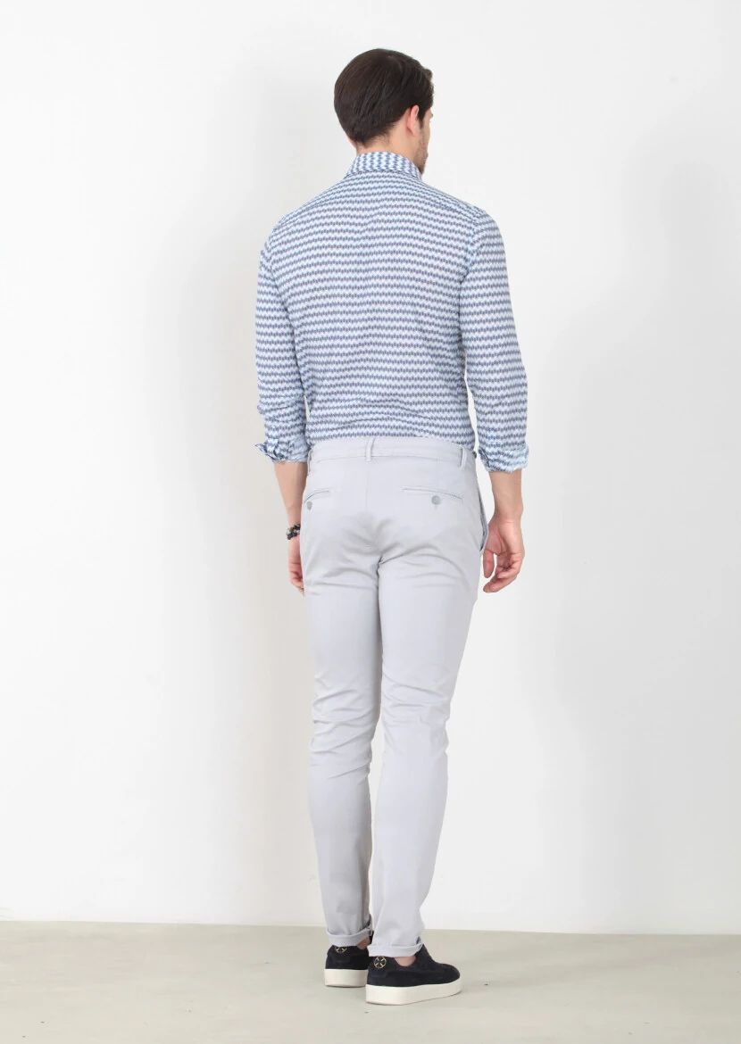 Gri Düz Dokuma Slim Fit Casual Pamuk Karışımlı Pantolon - 4