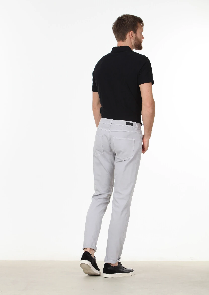 Gri Düz Dokuma Slim Fit Casual Pamuk Karışımlı Pantolon - 4