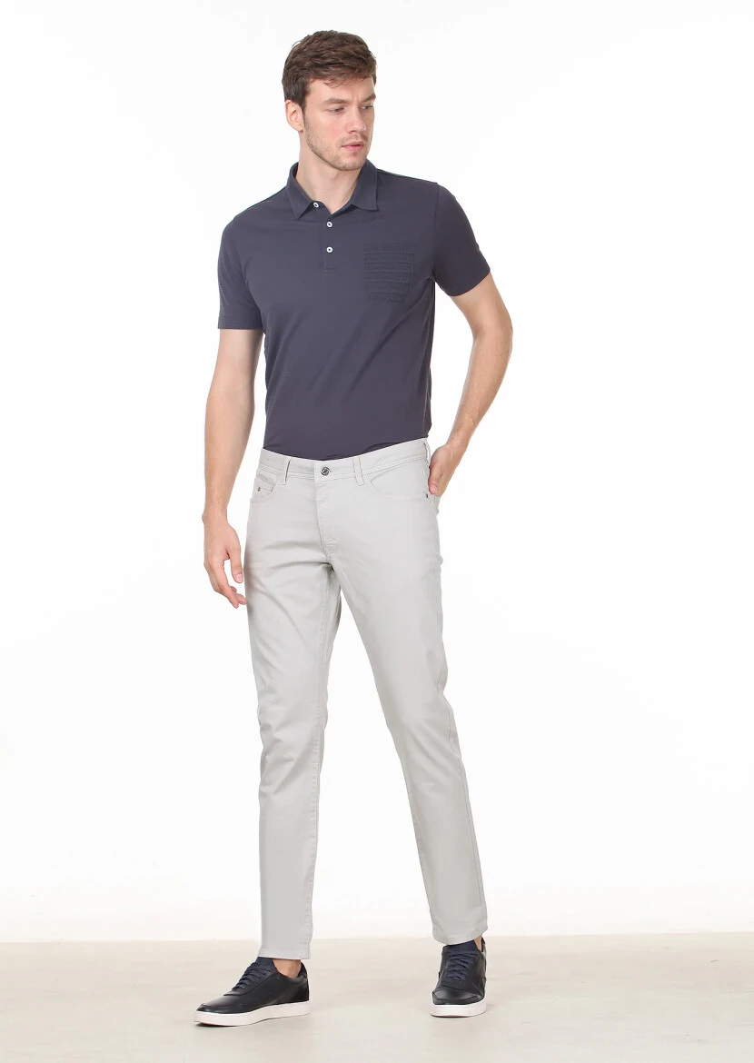 Gri Düz Dokuma Slim Fit Casual Pamuk Karışımlı Pantolon - 1