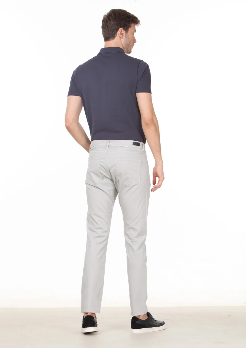 Gri Düz Dokuma Slim Fit Casual Pamuk Karışımlı Pantolon - 4