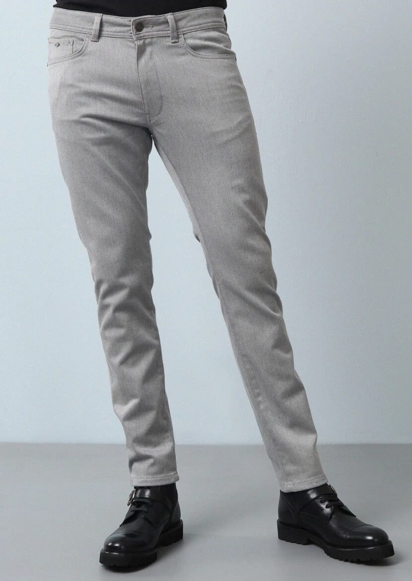 Gri Düz Dokuma Slim Fit Casual Pamuk Karışımlı Pantolon 