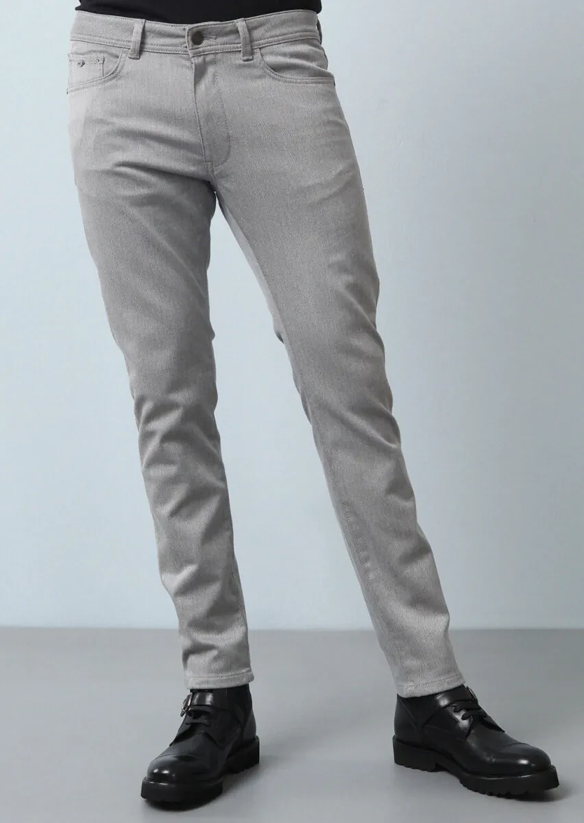 Gri Düz Dokuma Slim Fit Casual Pamuk Karışımlı Pantolon - 2
