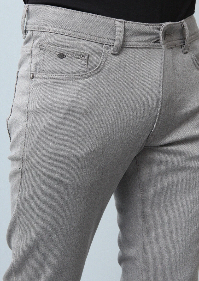 Gri Düz Dokuma Slim Fit Casual Pamuk Karışımlı Pantolon - 3