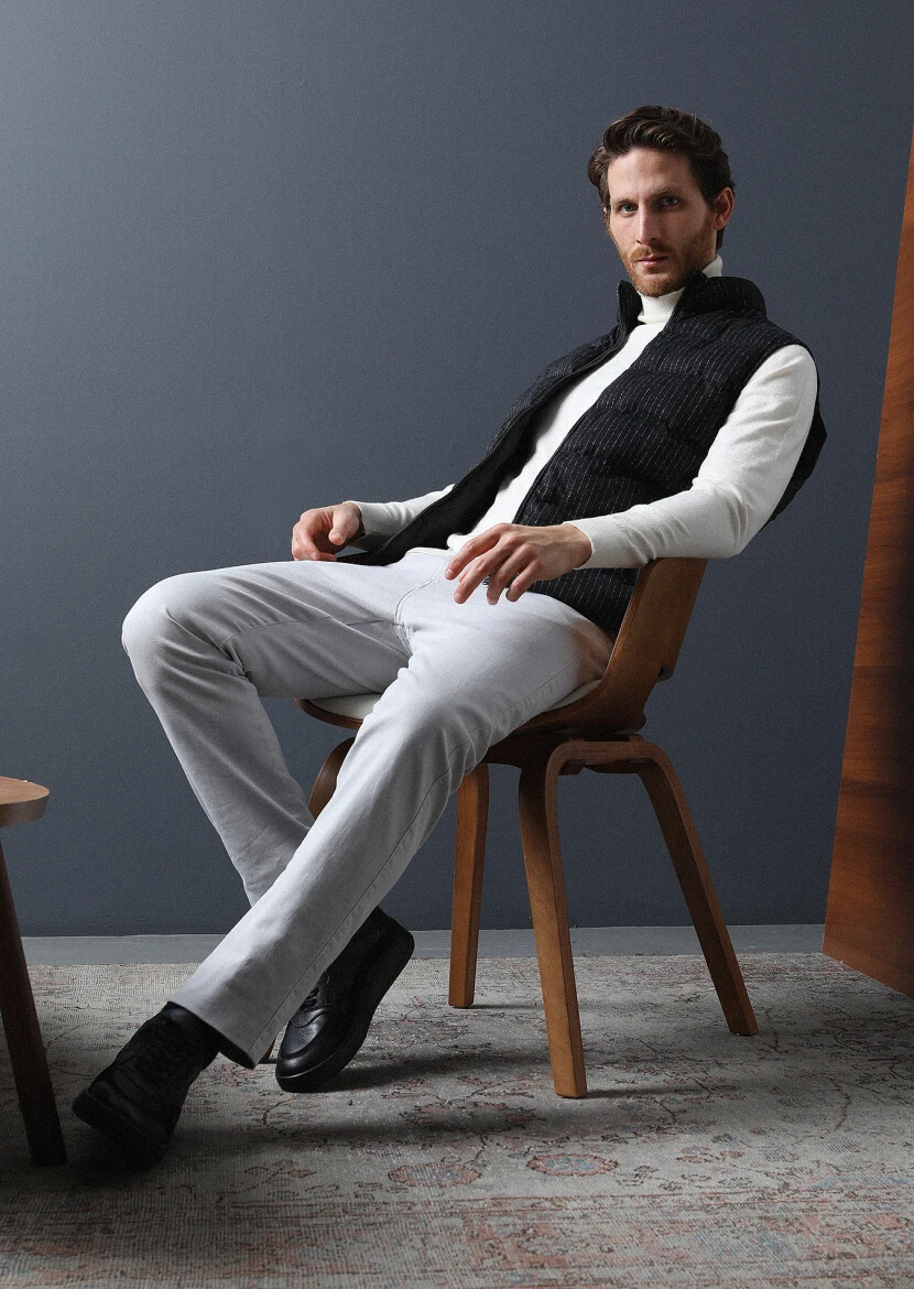 Gri Düz Dokuma Slim Fit Casual Pamuk Karışımlı Pantolon - 1