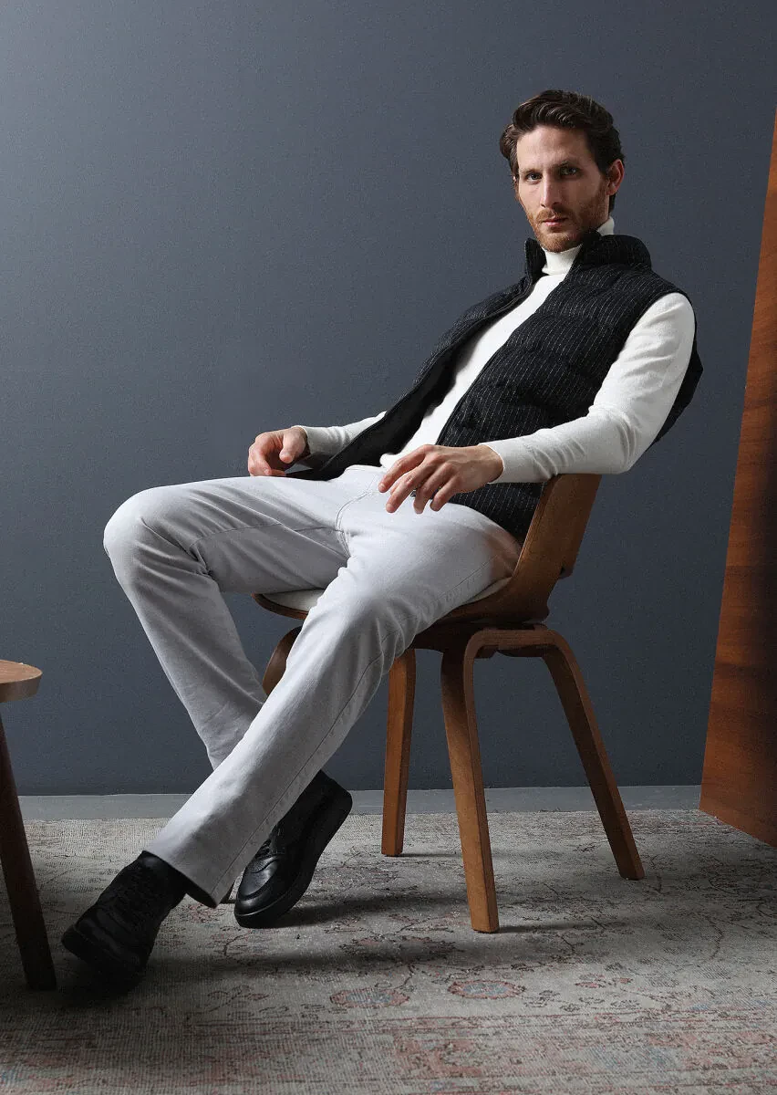 Gri Düz Dokuma Slim Fit Casual Pamuk Karışımlı Pantolon - 1