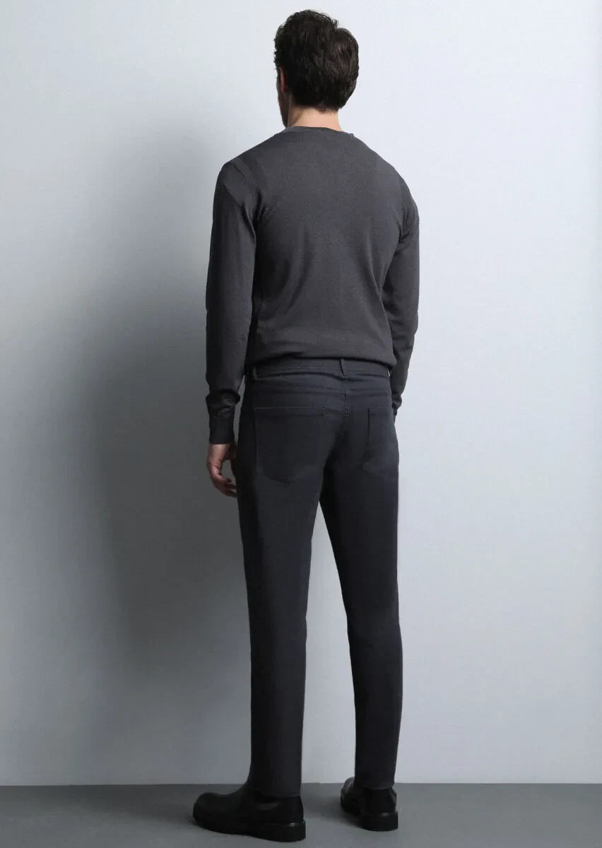 Gri Düz Dokuma Slim Fit Casual Pamuk Karışımlı Pantolon - 5