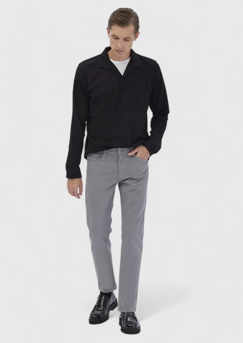 Gri Düz Dokuma Slim Fit Casual Pamuk Karışımlı Pantolon - 1