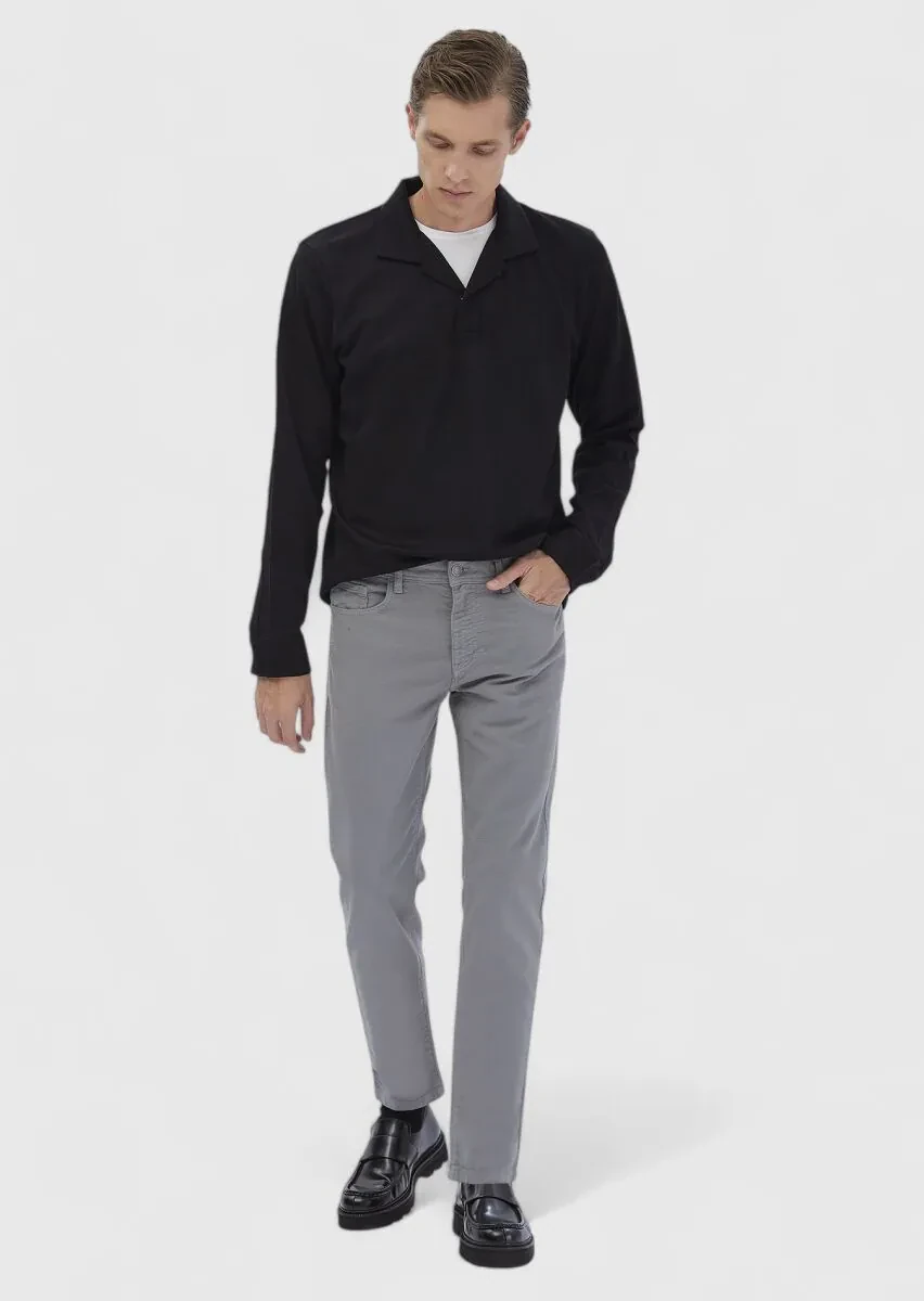 Gri Düz Dokuma Slim Fit Casual Pamuk Karışımlı Pantolon - 1