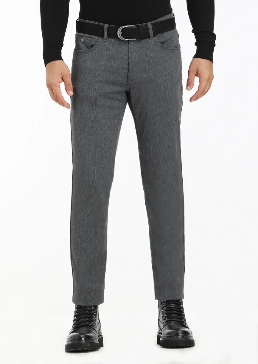 Gri Düz Dokuma Slim Fit Casual Pantolon - 2