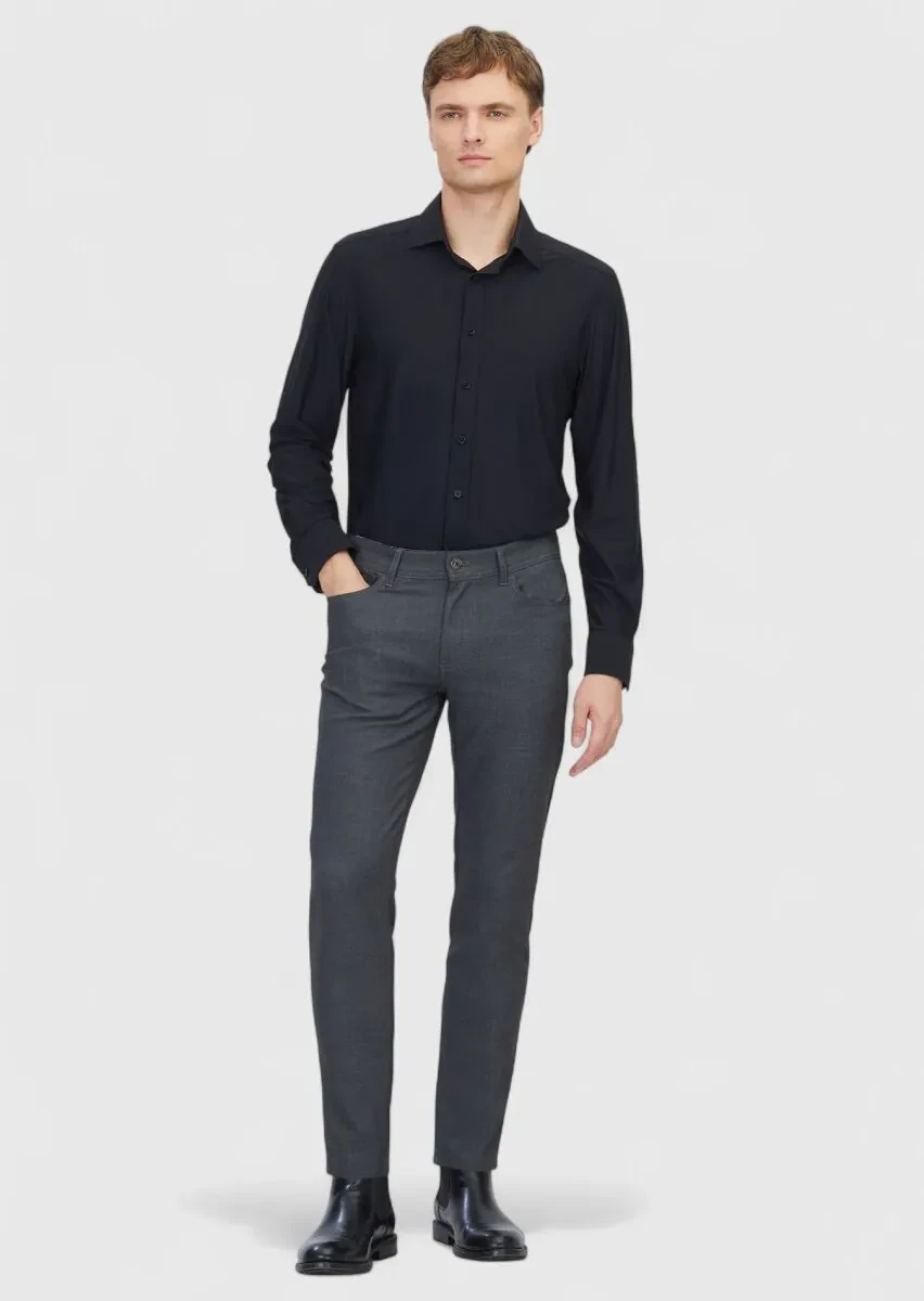 Gri Düz Dokuma Slim Fit Casual Pantolon - 1