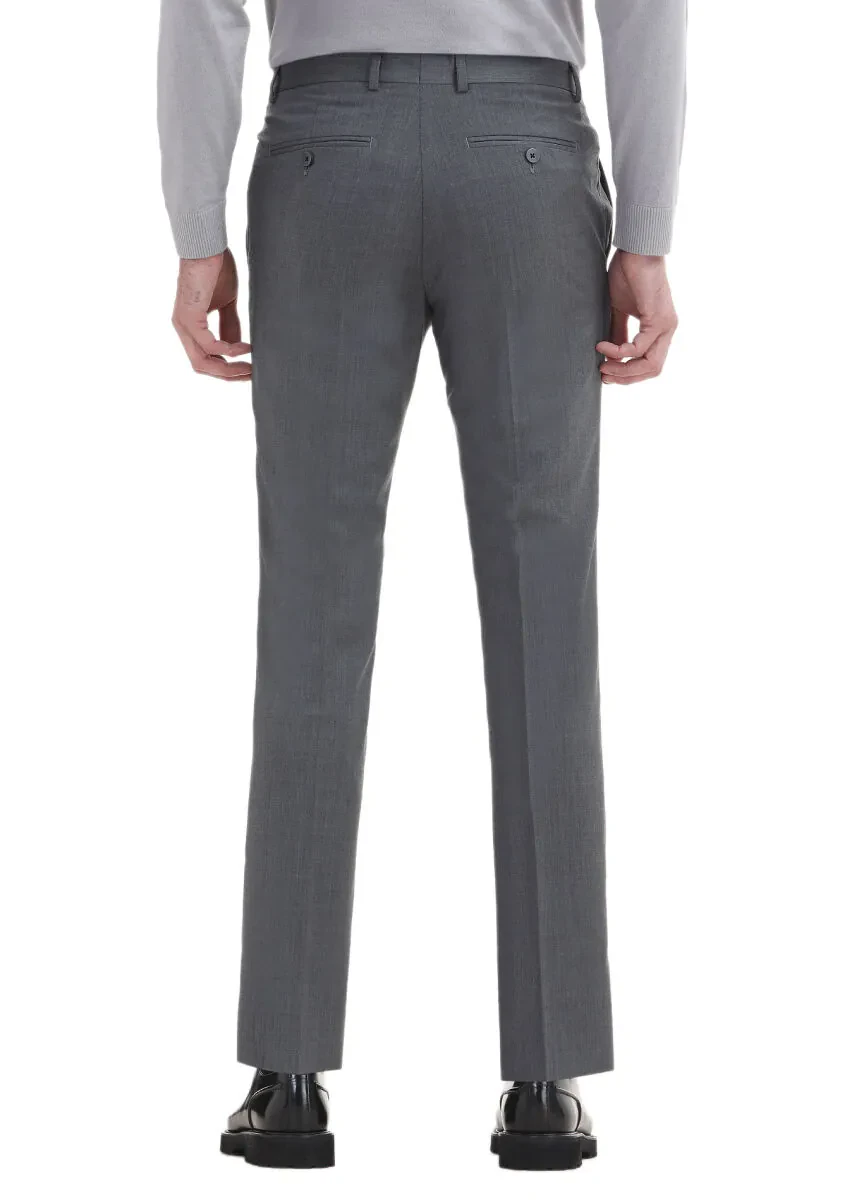 Gri Düz Kumaş Modern Fit Klasik %100 Yün Pantolon - 5