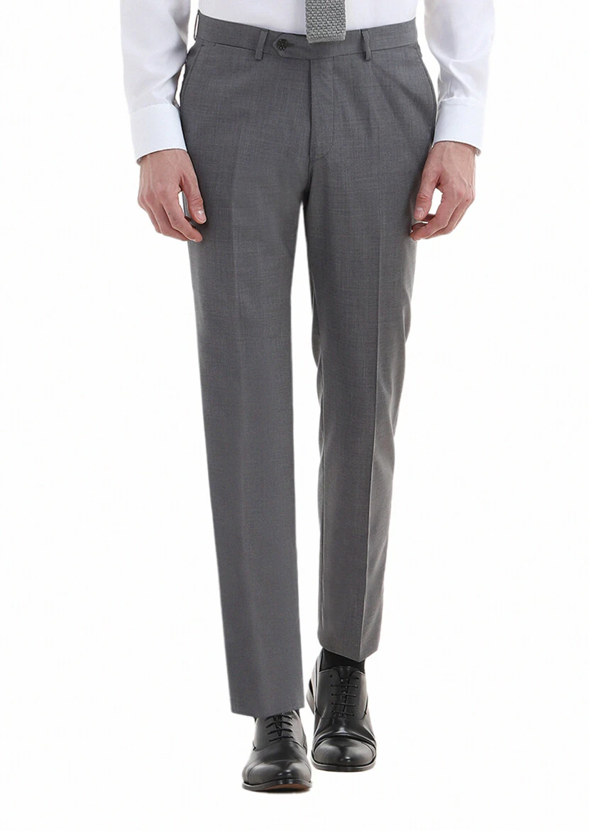 Gri Düz Kumaş Regular Fit Klasik %100 Yün Pantolon - 2
