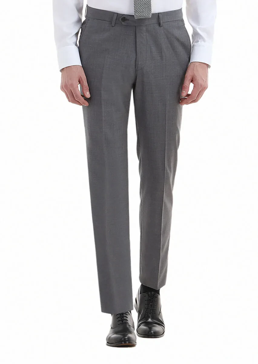 Gri Düz Kumaş Regular Fit Klasik %100 Yün Pantolon - 2