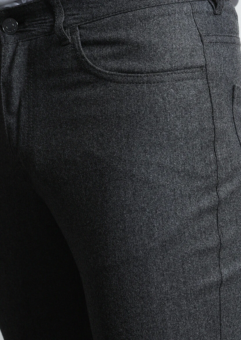 Gri Düz Kumaş Slim Fit Casual Yün Karışımlı Pantolon - 3