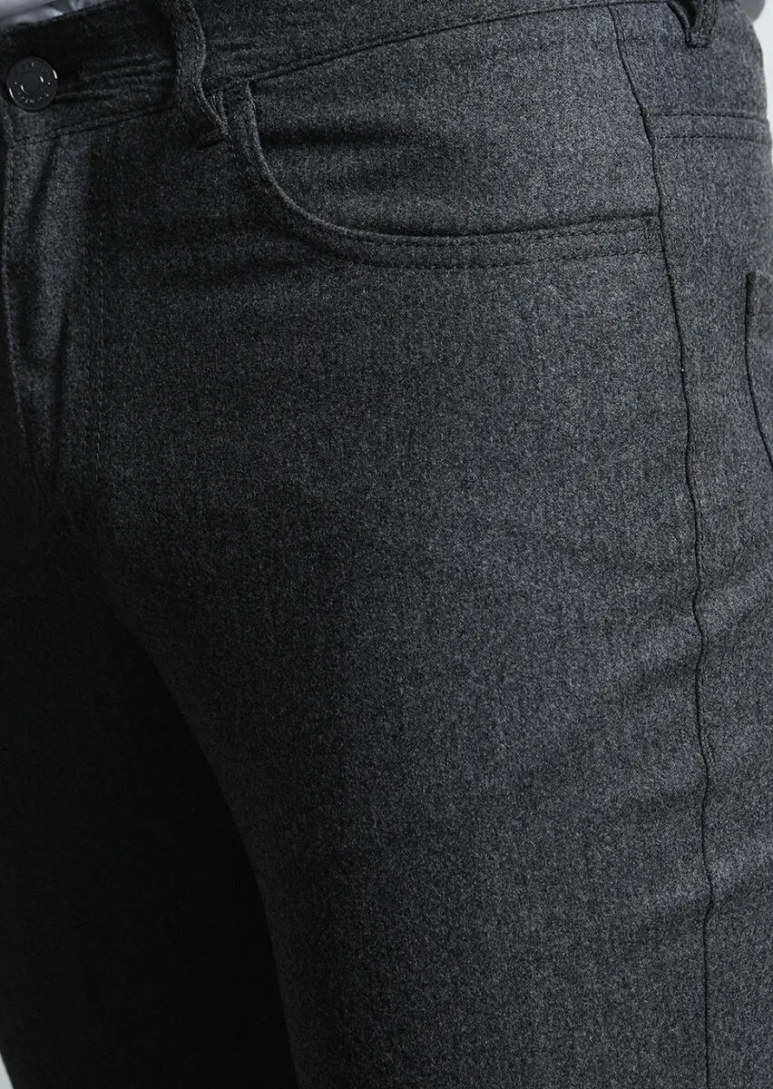 Gri Düz Kumaş Slim Fit Casual Yün Karışımlı Pantolon - 3