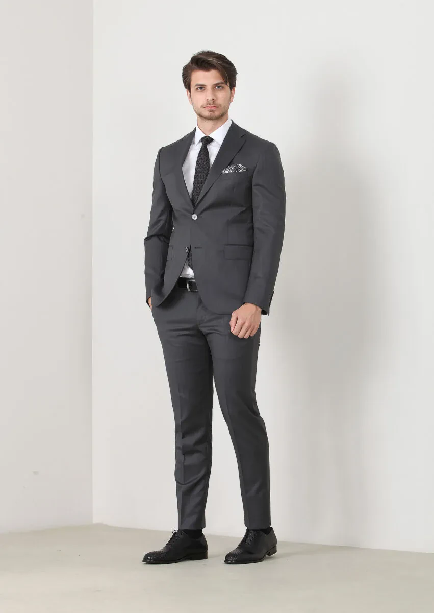 Gri Düz Modern Fit Yün Karışımlı Takım Elbise - 1