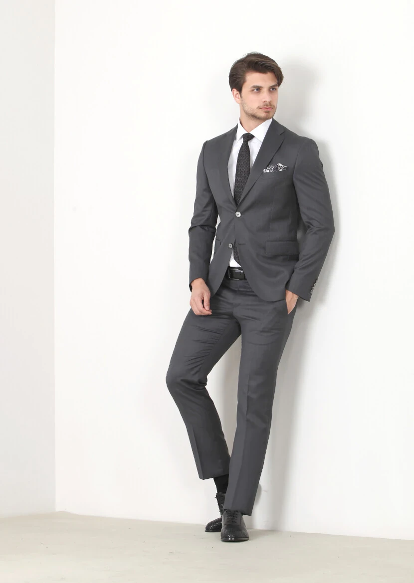 Gri Düz Modern Fit Yün Karışımlı Takım Elbise - 2