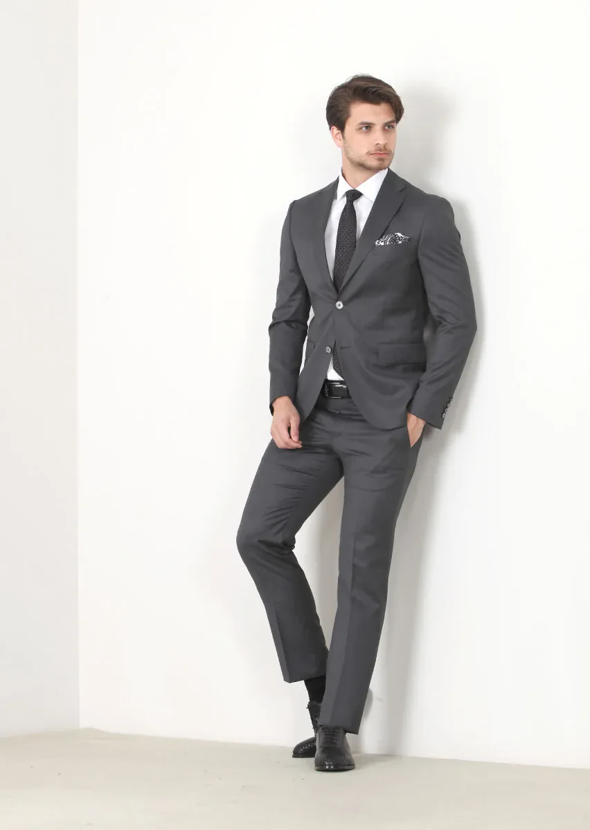Gri Düz Modern Fit Yün Karışımlı Takım Elbise - 2