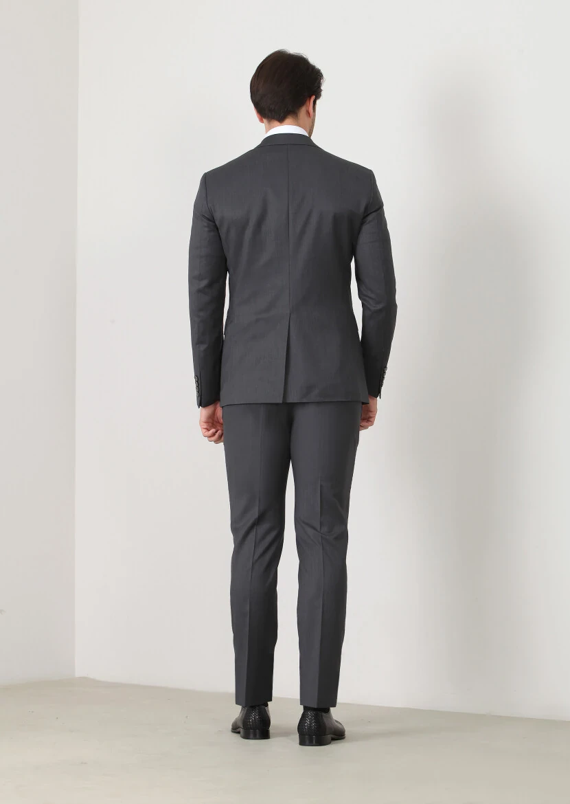 Gri Düz Modern Fit Yün Karışımlı Takım Elbise - 4