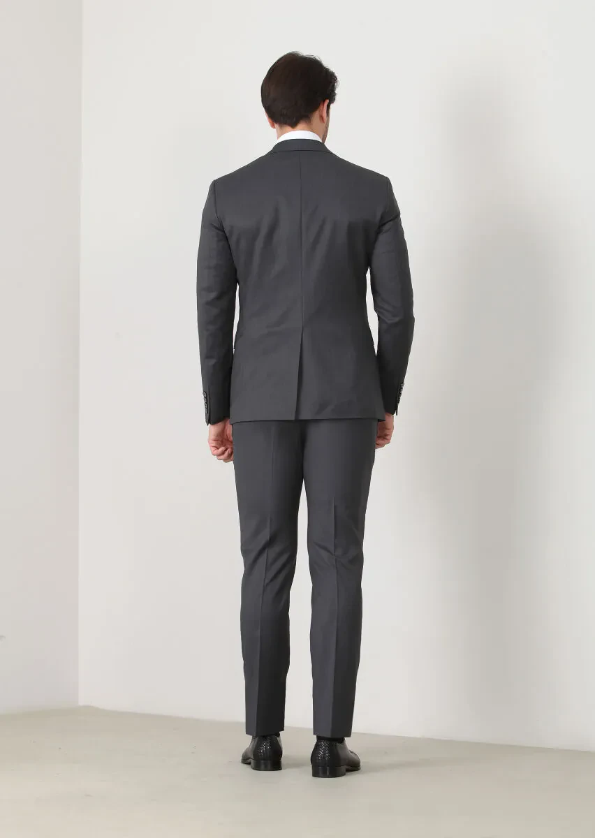 Gri Düz Modern Fit Yün Karışımlı Takım Elbise - 4