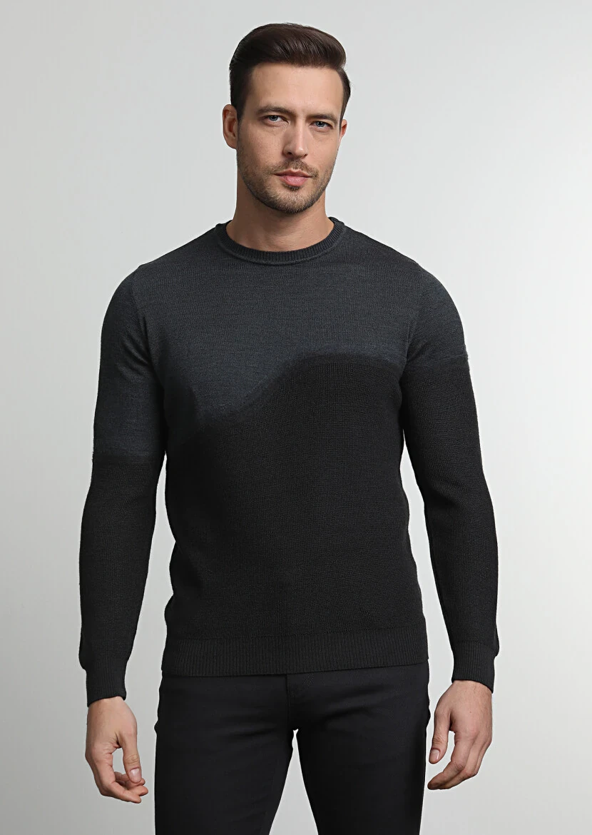 Gri Düz Örgü Yün Karışımlı Triko Kazak - 1