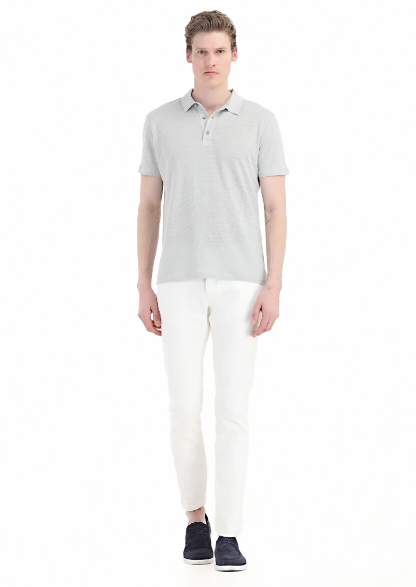 Gri Düz Polo Yaka %100 Keten T-Shirt - 1