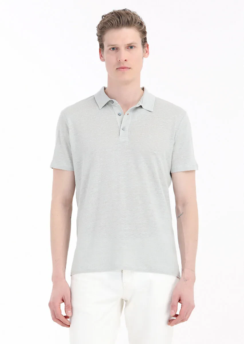 Gri Düz Polo Yaka %100 Keten T-Shirt - 2