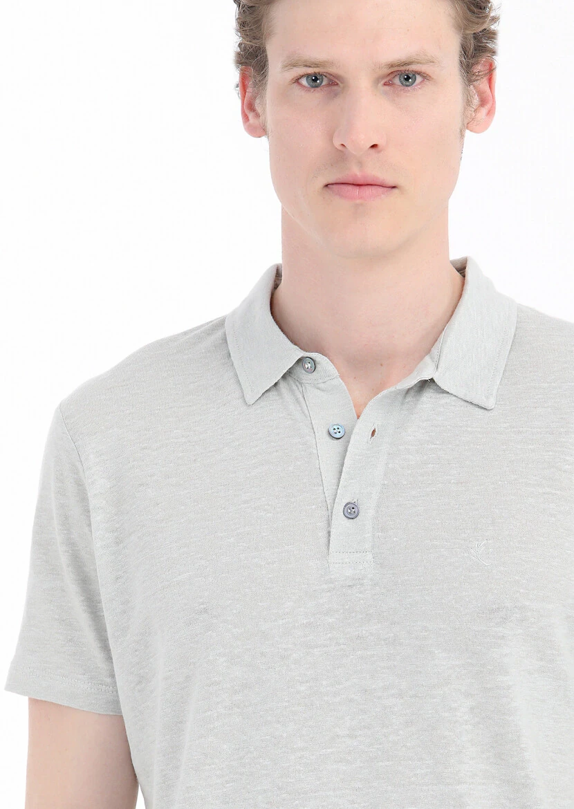 Gri Düz Polo Yaka %100 Keten T-Shirt - 4