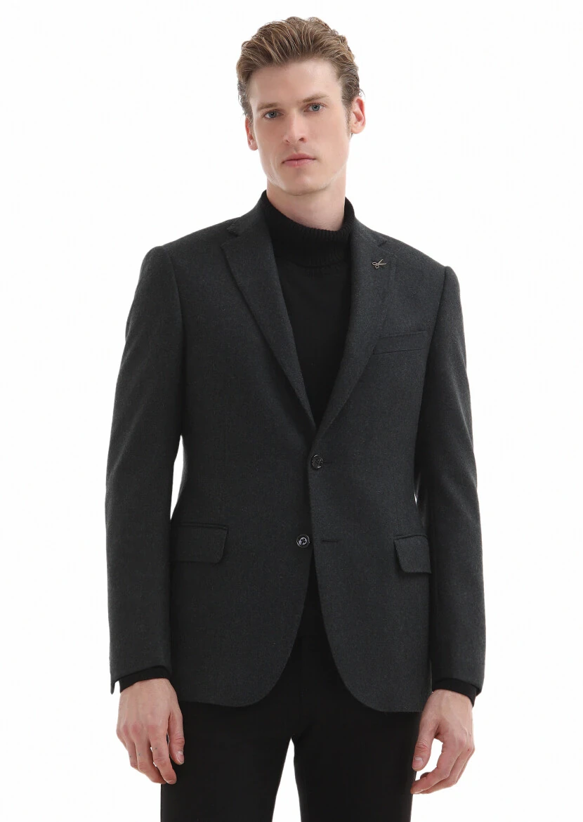 Gri Düz Regular Fit %100 Kaşmir Ceket - 2