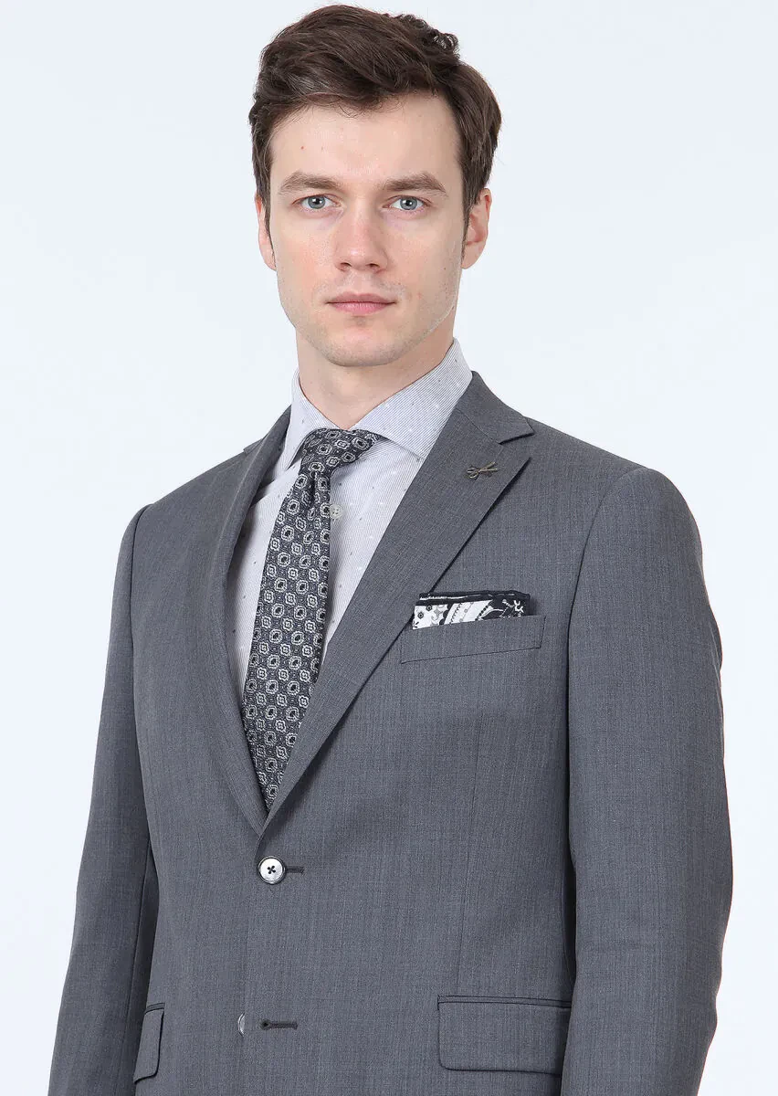 Gri Düz Regular Fit %100 Yün Takım Elbise - 2