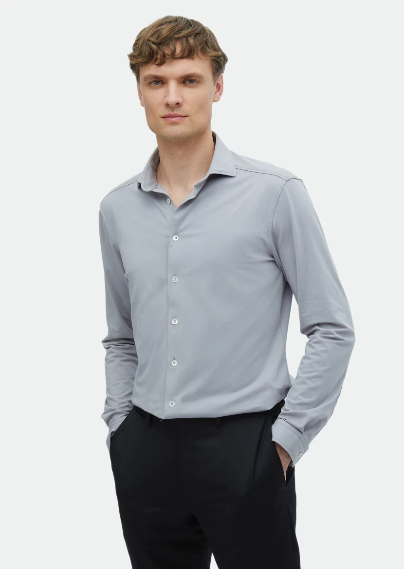 Gri Düz Regular Fit Casual Pamuk Karışımlı Gömlek - RAMSEY