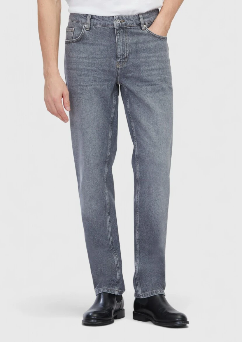 Gri Düz Regular Fit Denim %100 Pamuk Pantolon - 2