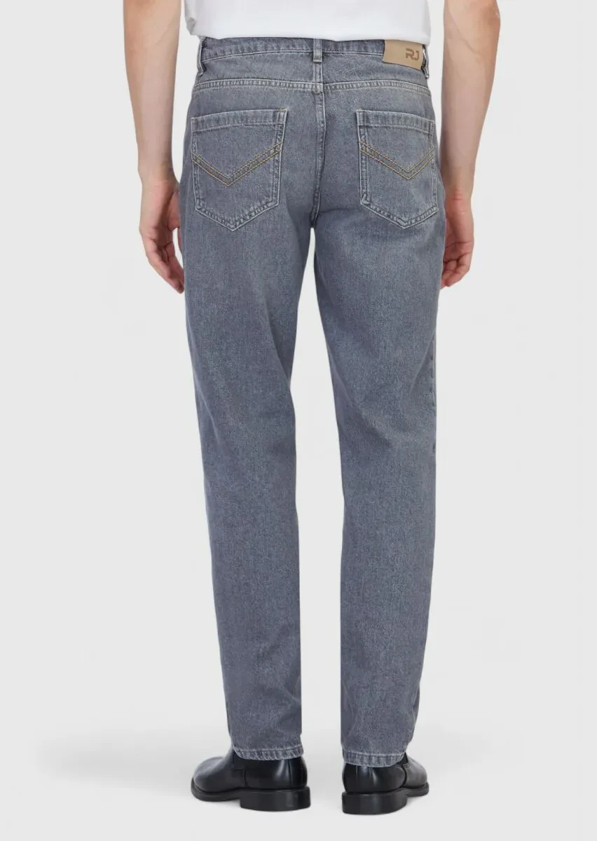 Gri Düz Regular Fit Denim %100 Pamuk Pantolon - 4