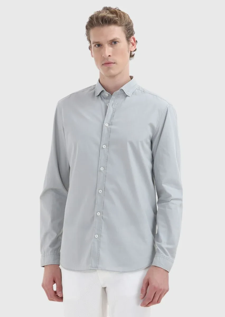 Gri Düz Regular Fit Dokuma Casual %100 Pamuk Gömlek - 2