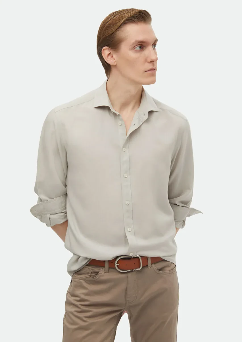 Gri Düz Regular Fit Dokuma Casual Keten Karışımlı Gömlek - 1